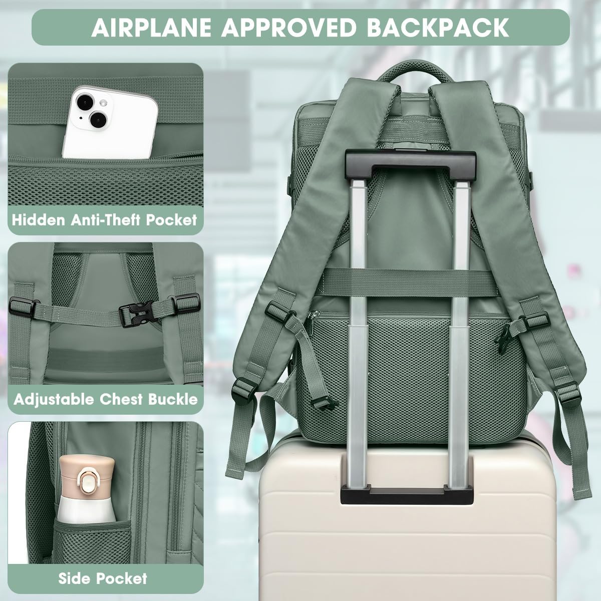 Large Carry On Travel Backpack - Flight Approved Waterproof Luggage Suitcase Backpacks Personal Item Size for Women Men Fit 17 Inch Laptop College Overnight Bag Anti-Theft Weekender Daypack Dark Green - Image 6