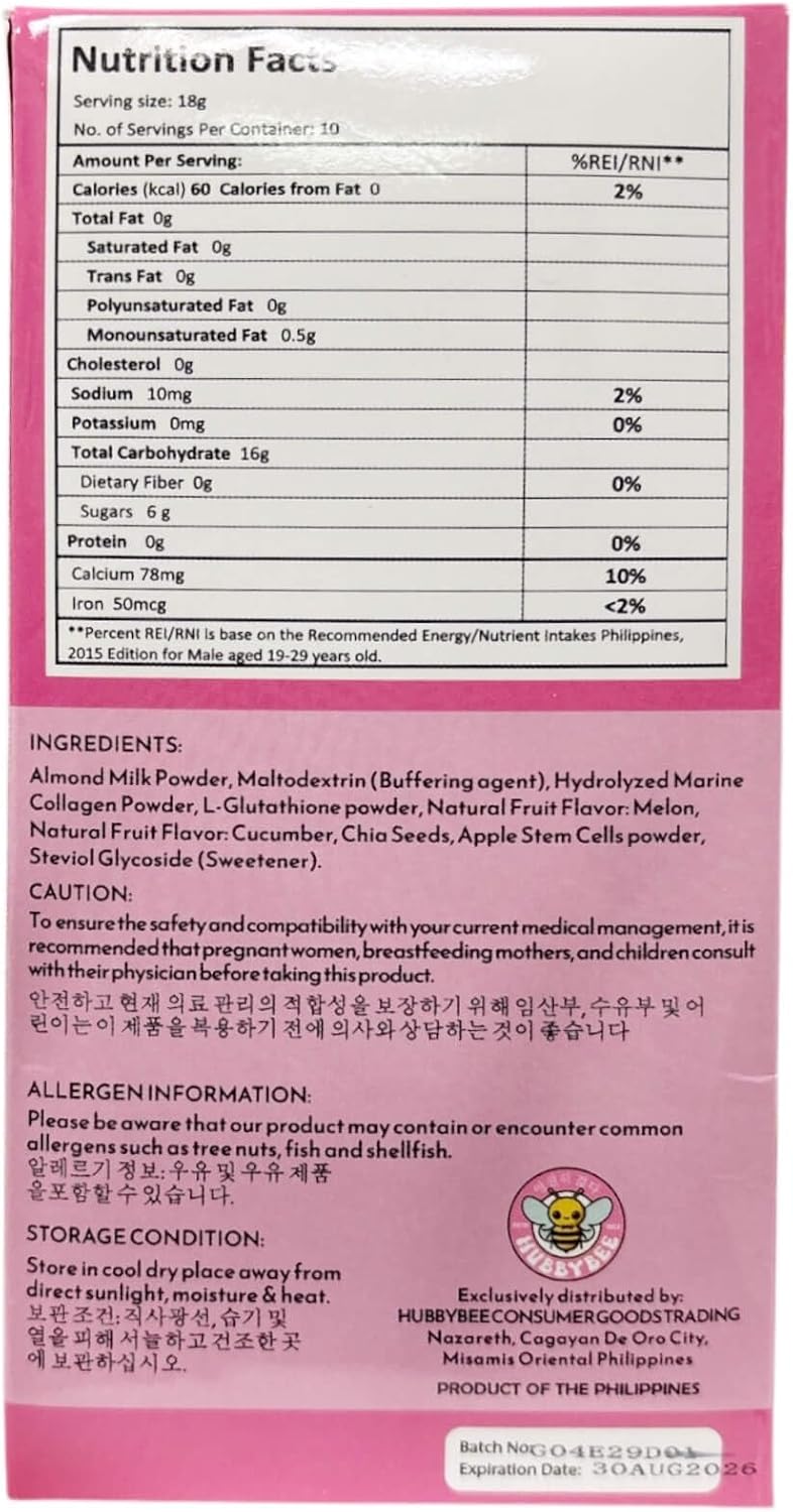 Hubby Bee Melon & Cucumber Premium Collagen Booster Mix - 50,000 MG Korean Hydrolyzed Marine Collagen with Japanese L-Glutathione & Apple Stem Cells - 10 Sachets (18g Each)