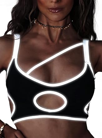 Reflective Rave Top for Women - Music Festival Cutout Crop Tank Futuristic Underboob Shirt Bikini Concert Outfits