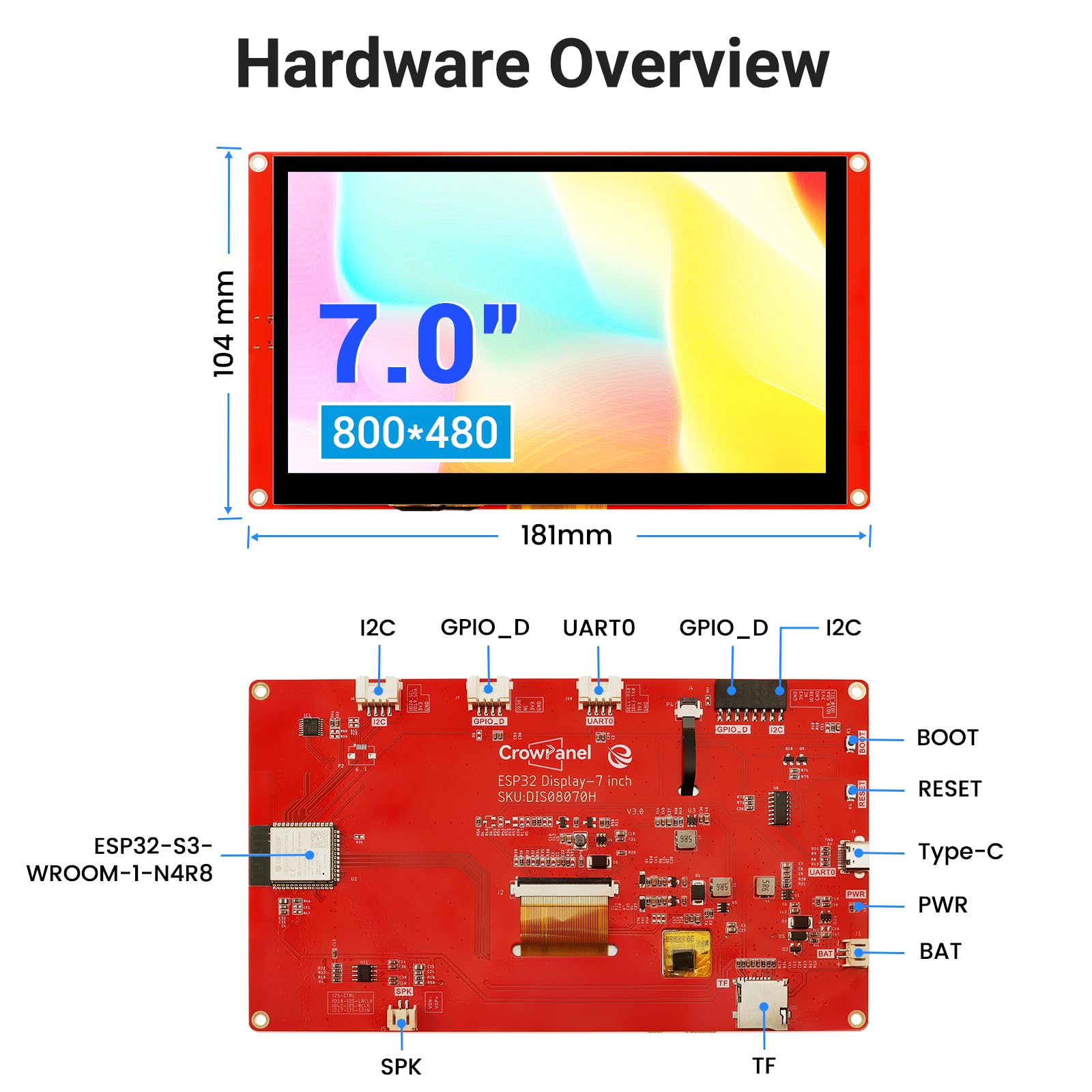 ELECROW Écran Tactile ESP32 800 × 480, écran Tactile LCD TFT HMI ESP32 RVB 7", processeur LX6 Dual-Core 32 Bits, jusqu'à 240 MHz, Compatible avec Arduino, LVGL, PlatformIO, MicroPython (sans boîtier