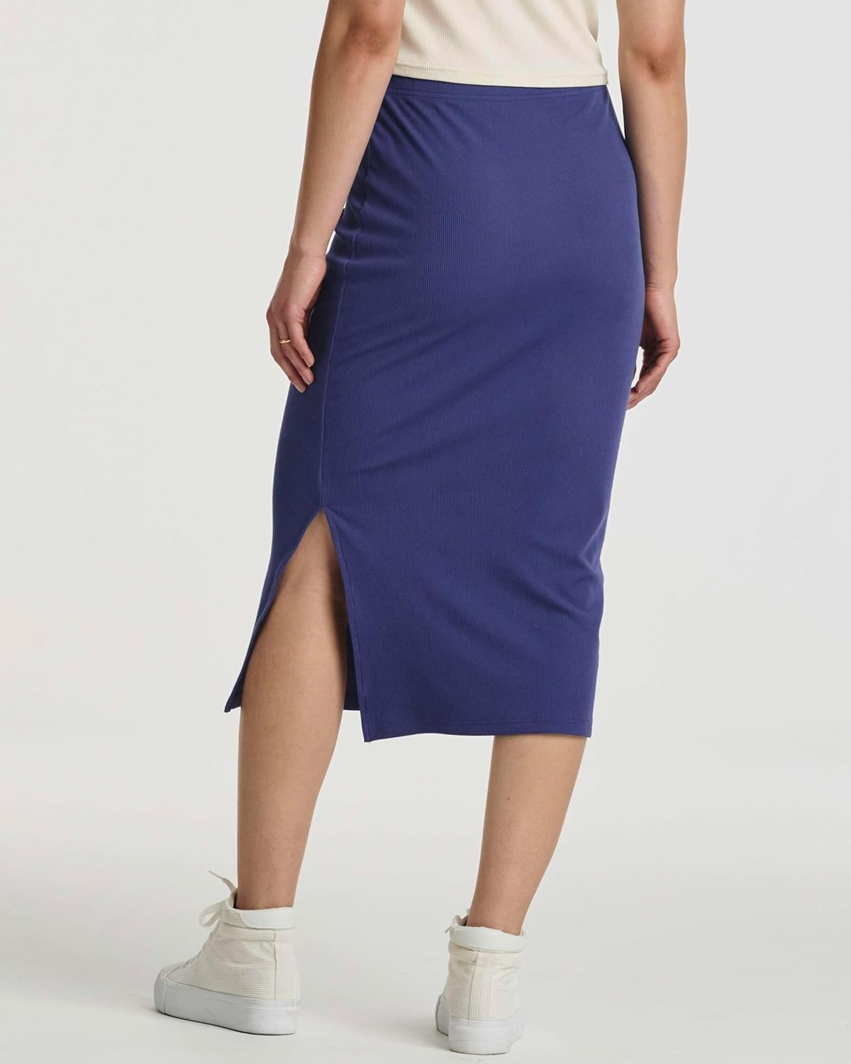 Real Essentials 3 Pack: Women's Midi Ribbed Knit Skirt with Side Slit - Stretchy Work Business Casual Pencil Pull-On Skirts - Image 3