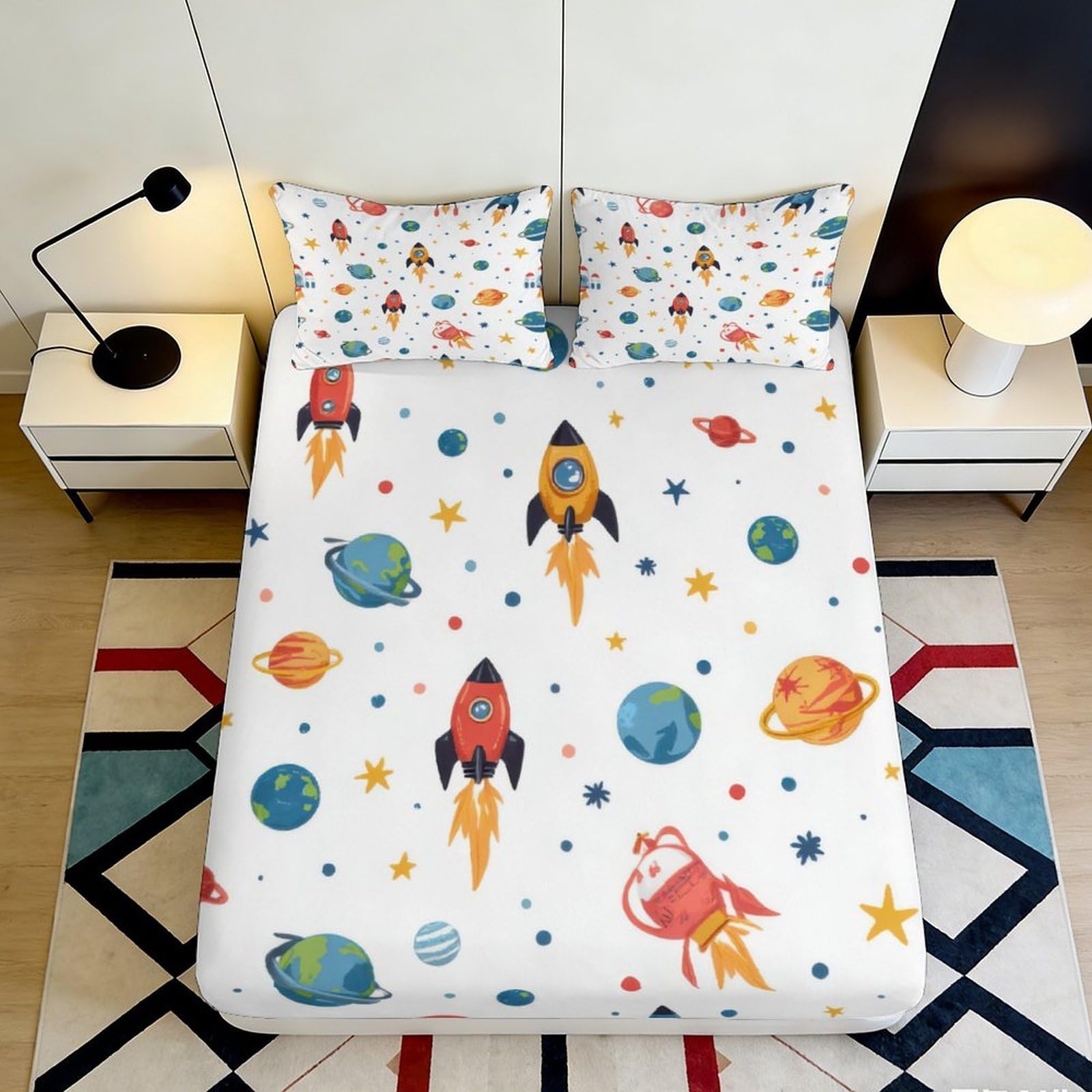 3D Printed Space Rocket Fitted Sheet Microfiber Soft Breathable Planet Mattress Cover for Bedroom Dorm Decor 90x200x25cm