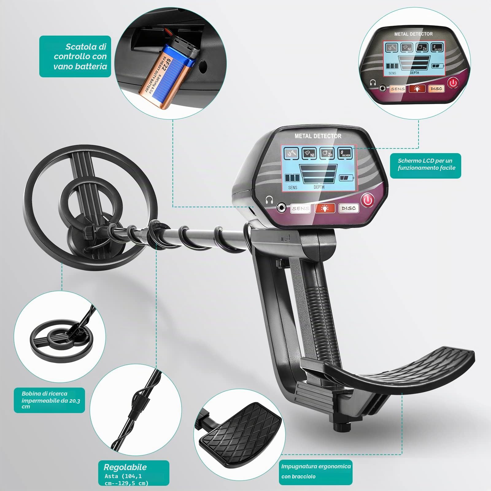 Metal Detector Regolabile ad Alta Precisione Impermeabile 33-43 Pollici Metal Detector con Display LCD per Bambini e Adulti Rilevatore d'Oro Profondità di Rilevamento 34 cm