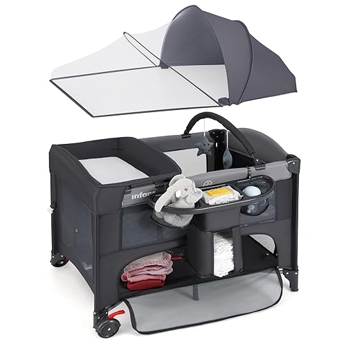 INFANS Cuna de bebé, 4 en 1 para guardería y juego de bebé con cambiador, mosquitera, cesta de almacenamiento, bolsa de viaje para recién nacidos de