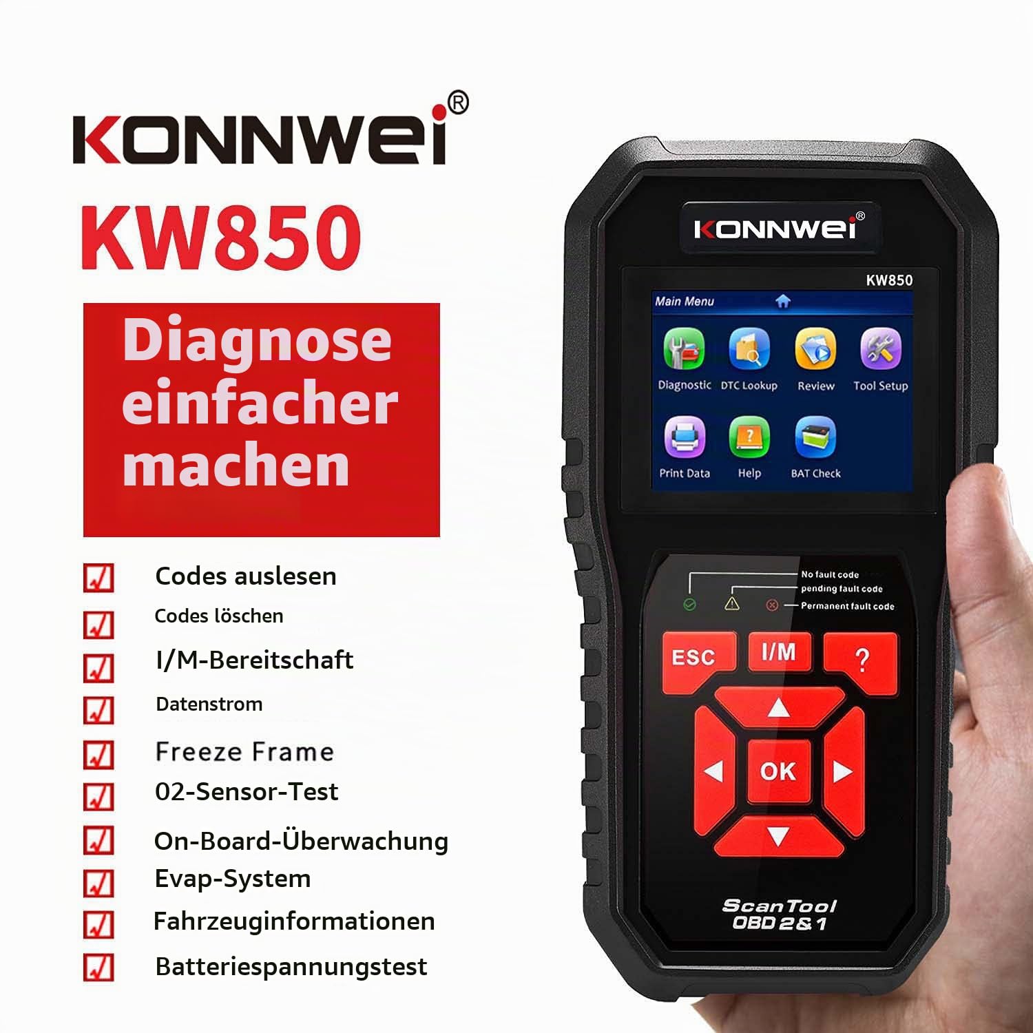 KONNWEI KW850 OBD2 Diagnosegerät, OBDII/EOBD Diagnose Fehlerspeicher Auslesen, mit Vollständigen OBD2 Funktionen, Universal Fehlercode Auslesegerät,Kompatibel mit Allen Fahrzeugen nach 2002 (Schwarz)