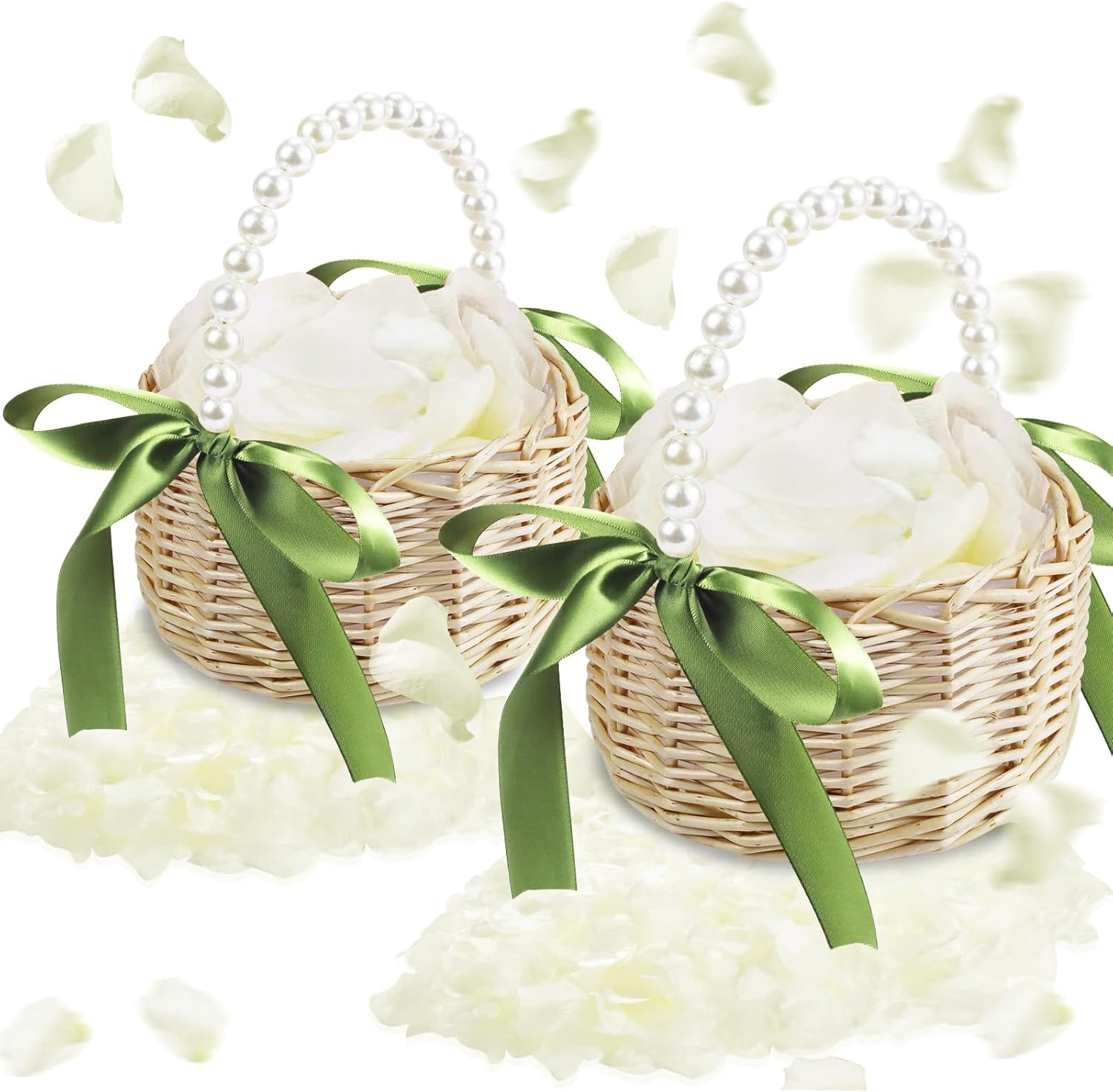 2 PCS Wicker Rattan Flower Girl Basket with 1000 PCS Artificial Silk Rose Petals Wedding Flower Girl Basket with Pearl Handle and Bow Fairy Flower Basket for Weddings Bridal Anniversary Party Decor