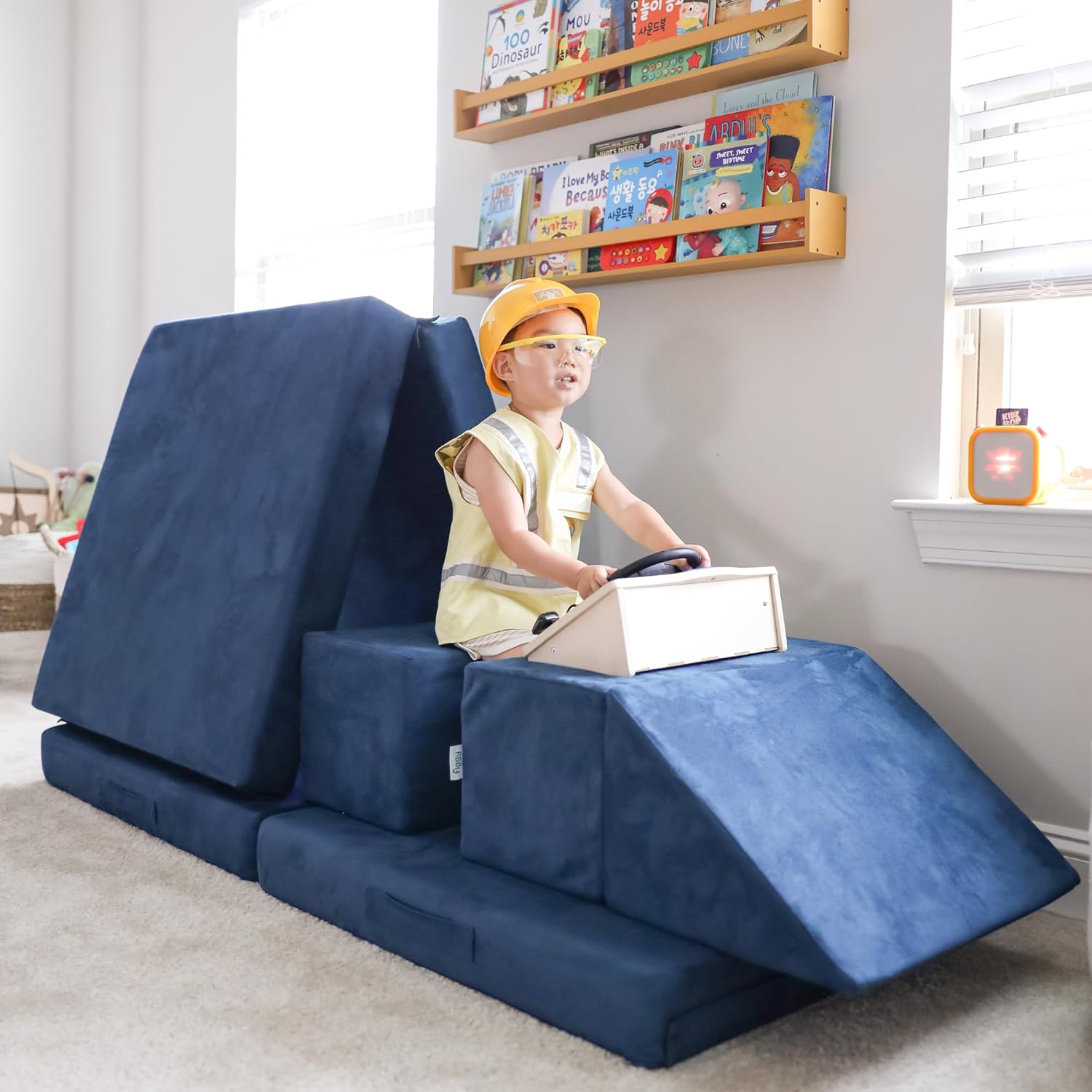 The Figgy 7 Piece Modular Play Couch for Kids- Washable, Waterproof, Made in USA, Sturdy, Hook and Loop Connectors, Oeko-TEX Certified, Montessori Toy Sofa, Indoor Climbing & Fort Playset- Ocean