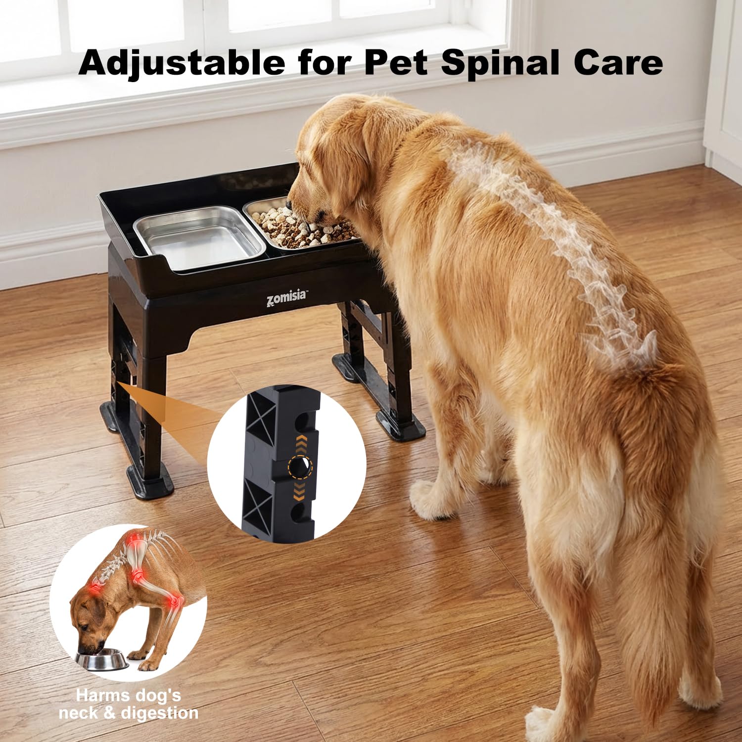 ZOMISIA 3-en-1 Comedero Perro Elevado – 6 Alturas Ajustables 17-40cm, 2 Cuencos de Acero Inoxidable 1,6L y Antivoracidad, para Perros Pequeños, Medianos y Grandes, Plegable y Antideslizante