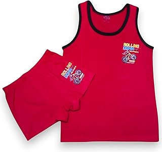 طقم ملابس داخلية للاولاد - قطن - تي شيرت بحزام عريض + بوكسر - مطبوع عليه دراجة دوارة - مقاس 10 (من 9 الى 10 سنوات) - احمر