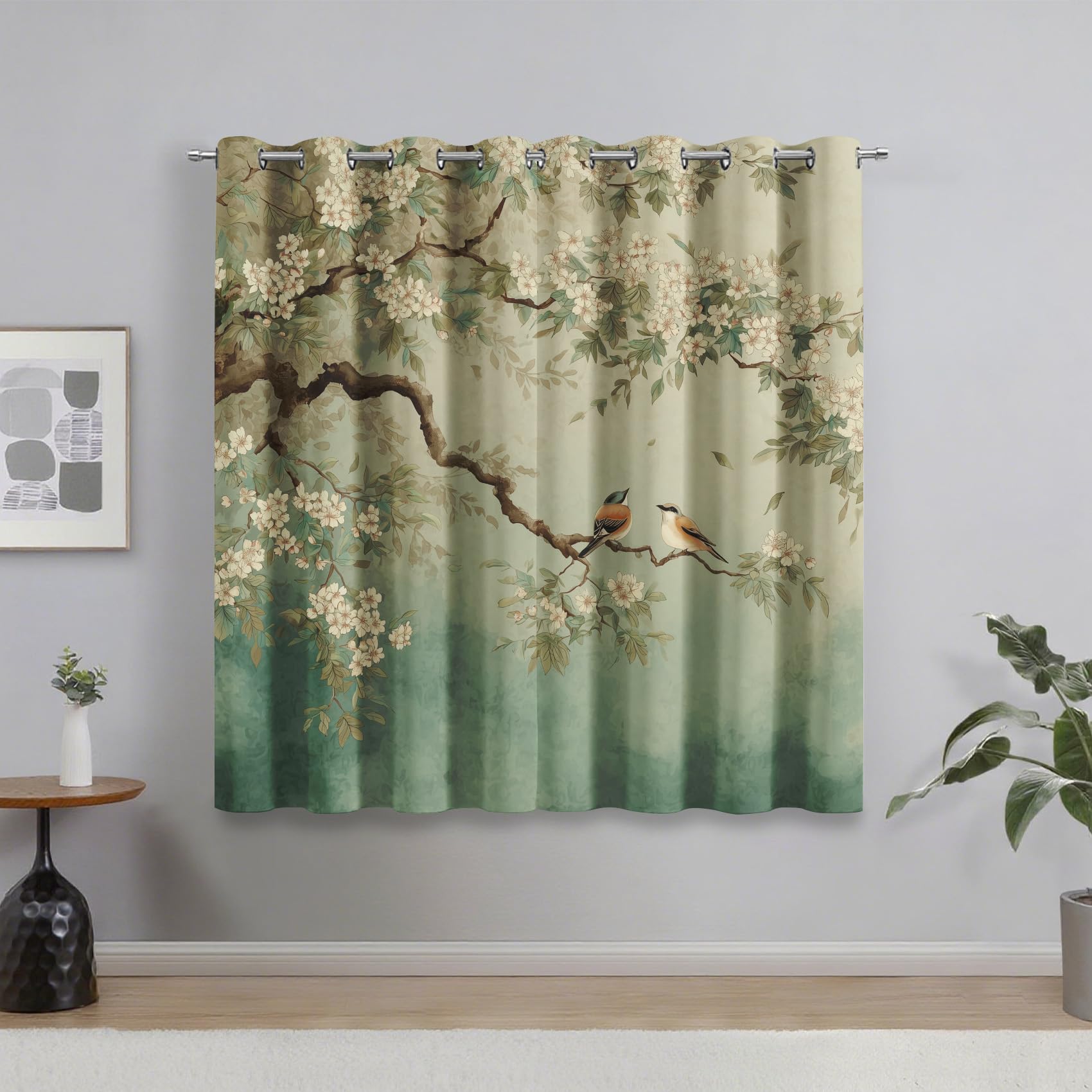 Générique Rideau Occultant Oiseau Fleuri Chambre, Rideaux Fleurs et Oiseaux Chinois Salon, Thermique à Oeillets Fenêtre Decoration, Opaque Draperies 2 Pièces, 140 x 160 cm (L x H) E-D53