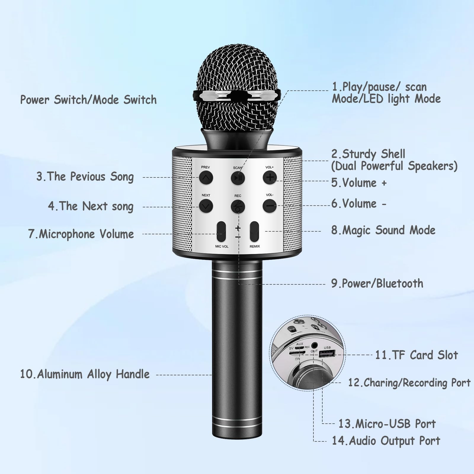 Microphone Karaoké sans Fil Bluetooth avec Lumière LED Multi Couleur, Microphone Karaoke pour Enfants/Adultes Chanter Club Noël Anniversaire Soiree Famille Youtube Live, Idée Cadeau (Noir)