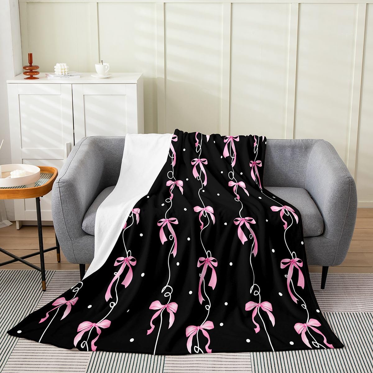 jejeloiu Girls Black Bow Plush Throw Blanket Girly Cute Bowknot Flannel Blanket Baby 30"x40" Dreamy Princess Style Bow All Season Kawaii for Couch Bed Sofa Black Bedroom Decor