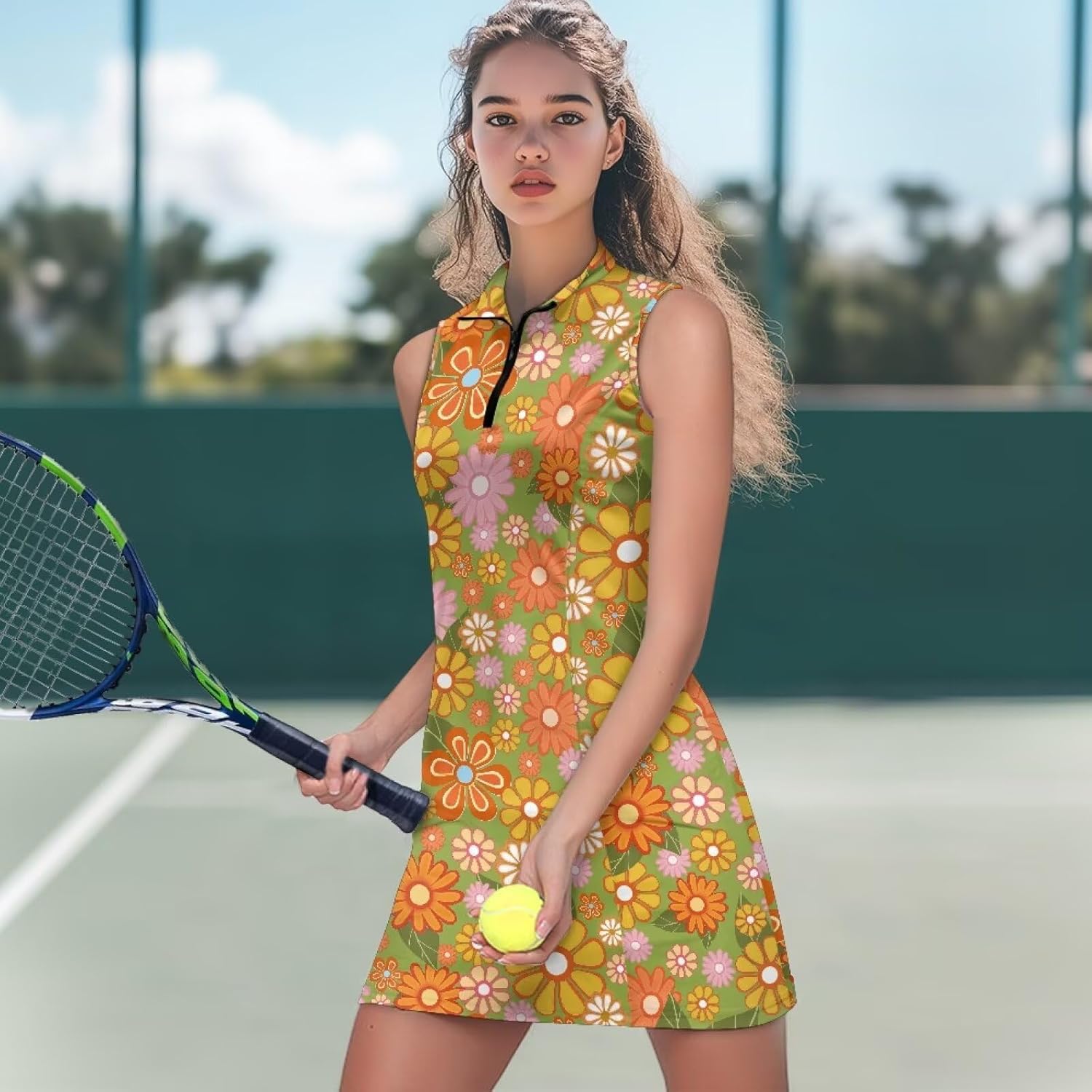 JEOCODY Women's Tennis Golf Dress with Shorts Casual Workout Sports Athletic Dresses Half Zipper Athletic Dresses