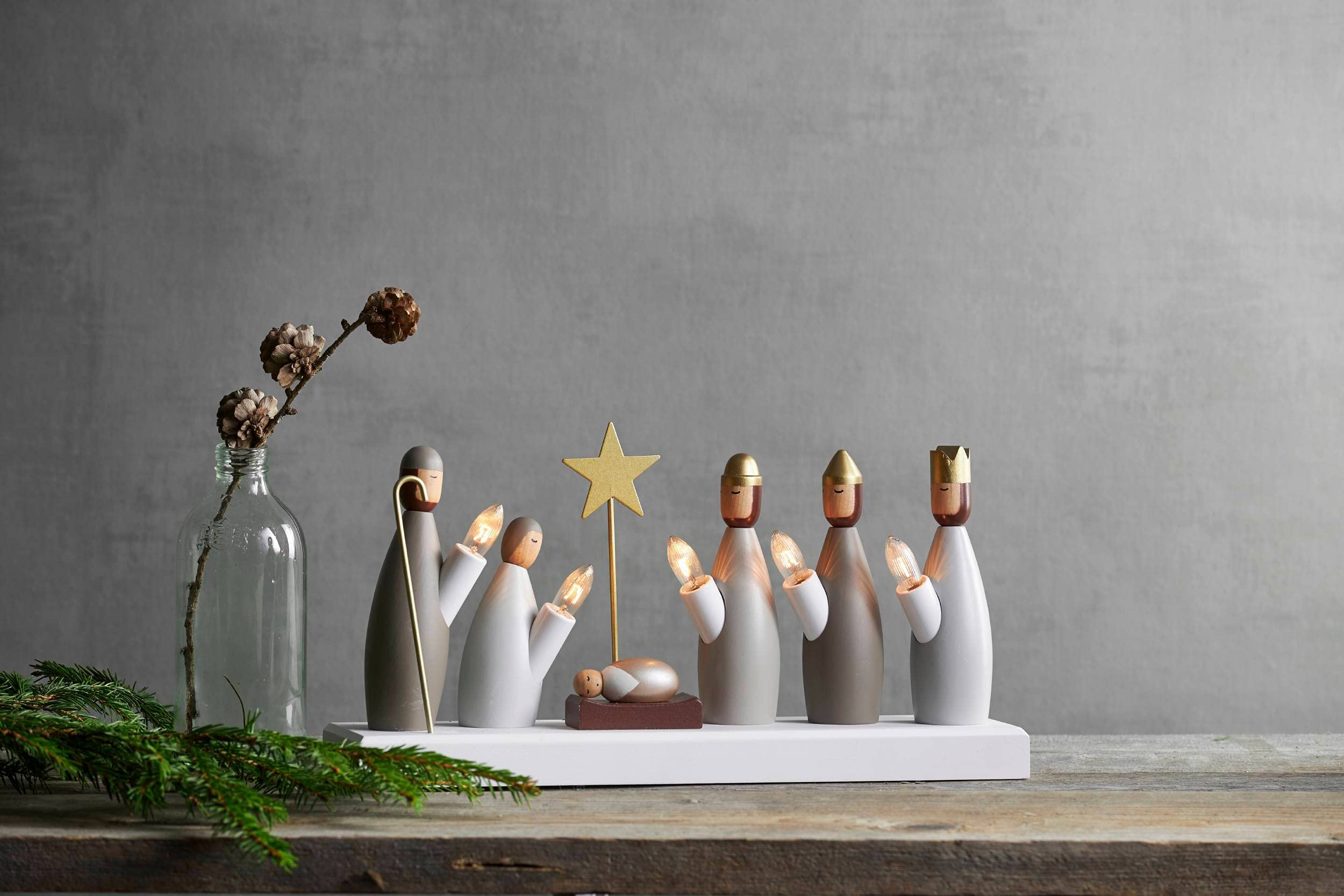 EGLO Lanterne de Noël avec 5 ampoules, chandelier de fenêtre avec | personnages de crèche en bois éclairés, arche de Noël avec câble, E10, blanc chaud
