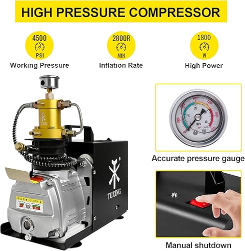 Miniatura 5 de TUXING Compresor PCP de 4500 psi, compresor de aire eléctrico de alta presión, estación de llenado de paintball PCP para lucha contra incendios y