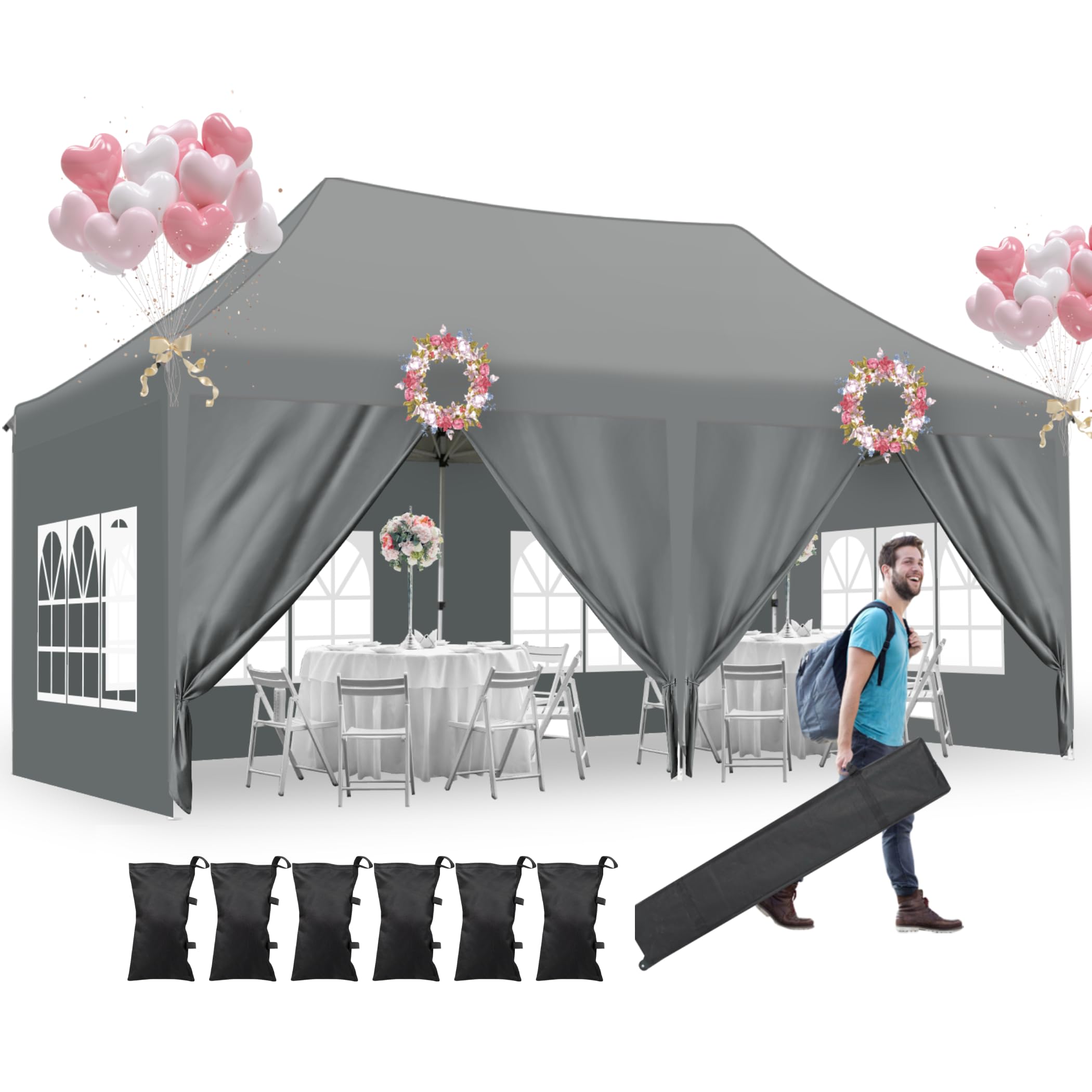 10x20 Pop Up Canopy Tent with 6 Removable Sidewalls, Ez Pop Up Outdoor Canopy, Adjustable Waterproof Party Tent with Roller Bag, 6 Sandbags Grey SIMIL TO LOT PHOTO