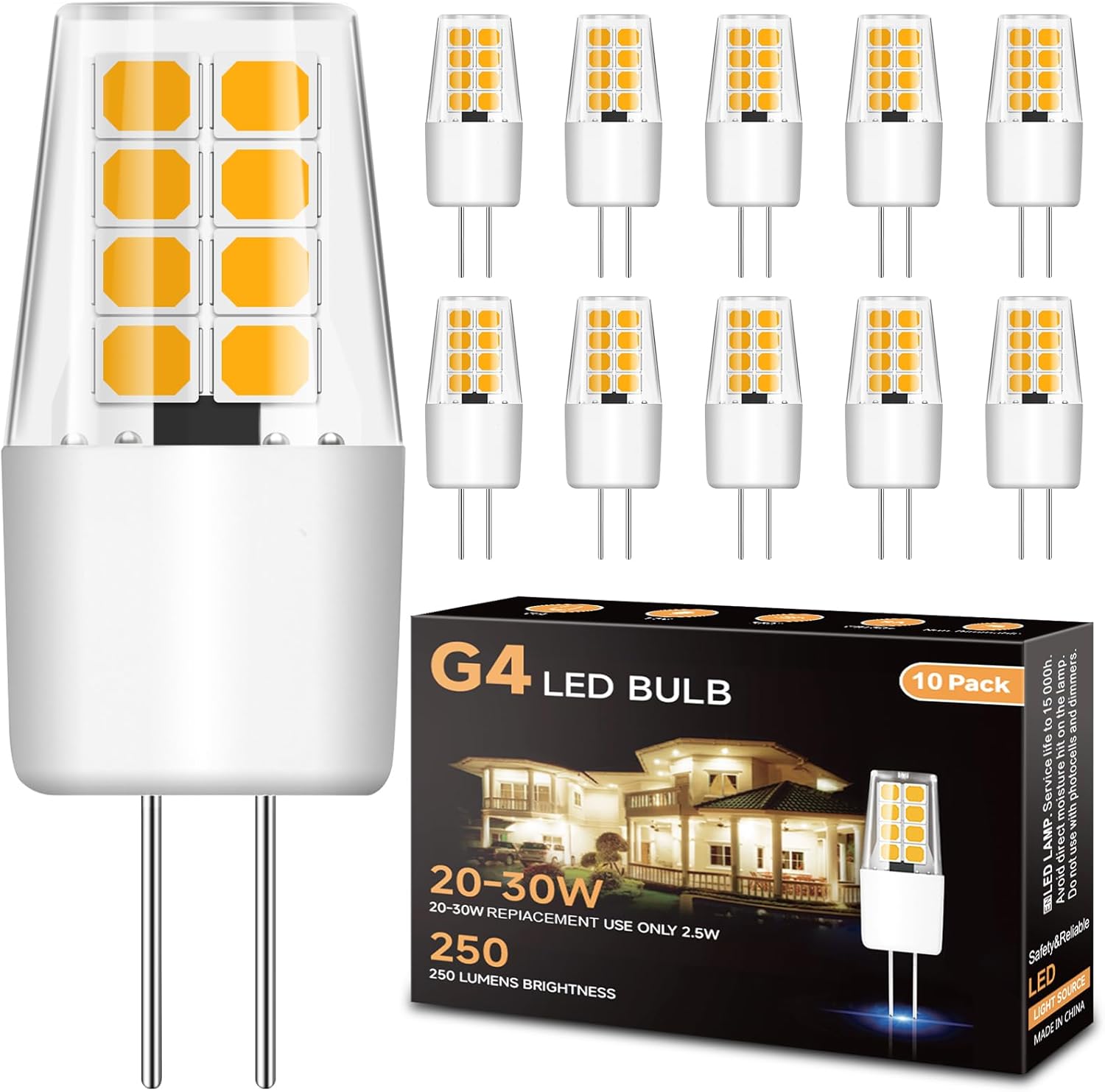 TJOY 10 Pack G4 Led Bulb 12V Bi Pin Base 20W-30W T3 Halogen Bulb Replacement Landscape Light Bulbs, Warm White 3000K, 2.5W 250LM Low Voltage for Outdoor Landscape Lighting, Under Cabinet, RV