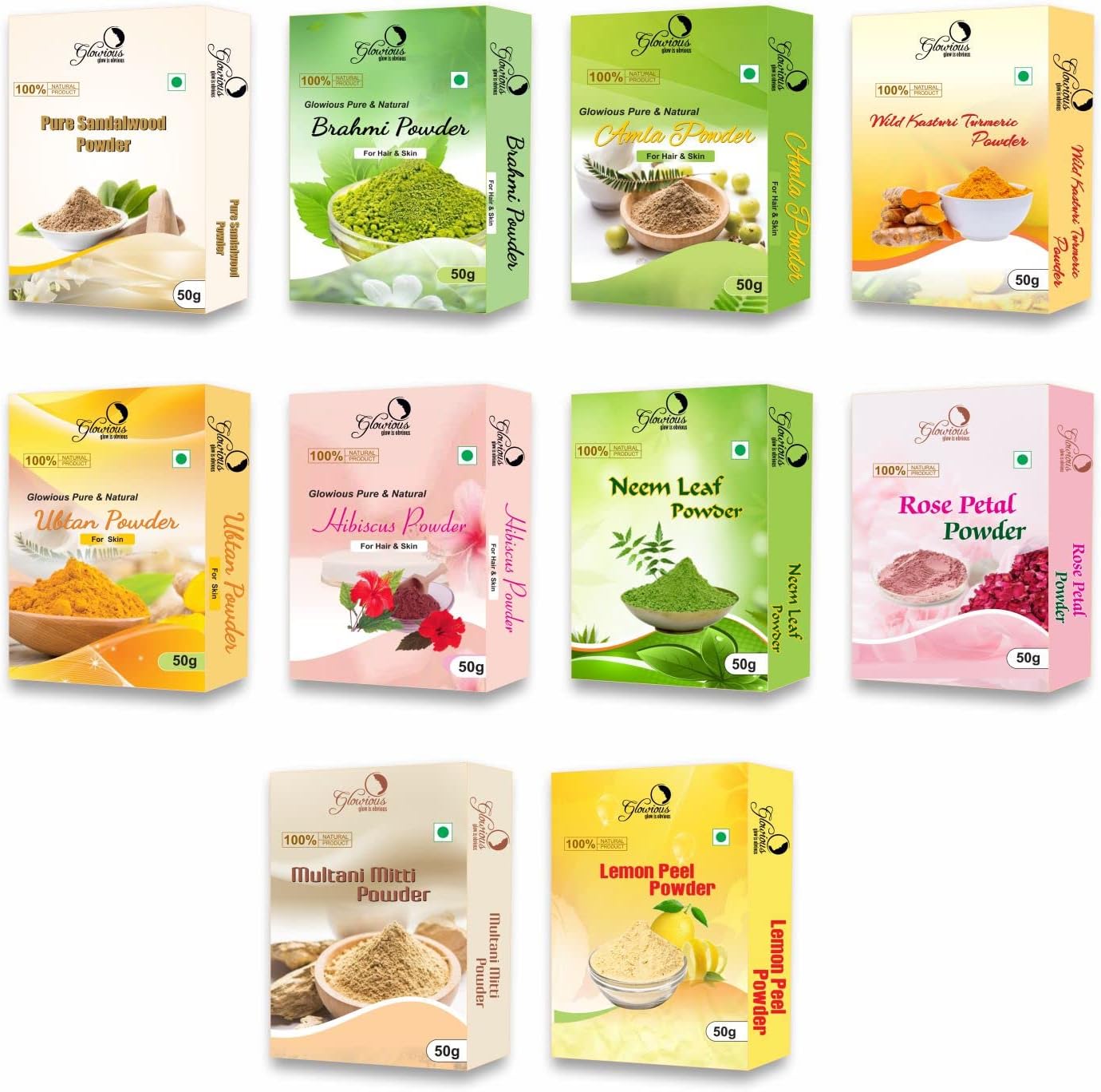 10-in-1 Skin Care Combo Pack - Sandalwood, Neem, Rose, Multani Mitti, Turmeric, Lemon Peel, Amla, Hibiscus, Ubtan & Brahmi Powder (500gms), Natural Radiance with Organic Ingredients - 50gx10