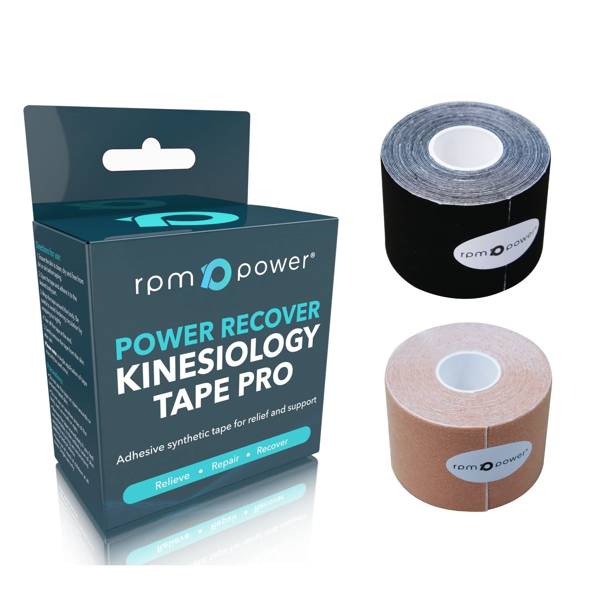 RPM Power Kinesiology Tape (5 Metres) - Sports Tape, Latex Free, Water Resistant Tape for Muscles & Joints - Perfect for Sports, Muscle Aches & Rehabilitation (Single Box, Black PRO)