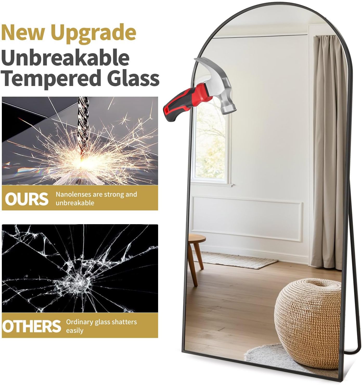 Arched Full Length Mirror, 76"x34" Large Floor Mirror, Full Body Mirrors for Leaning or Hanging, Standing Mirrors for Bedroom, Living Room,Dressing Room, Aluminum Alloy Frame, Black - Image 6