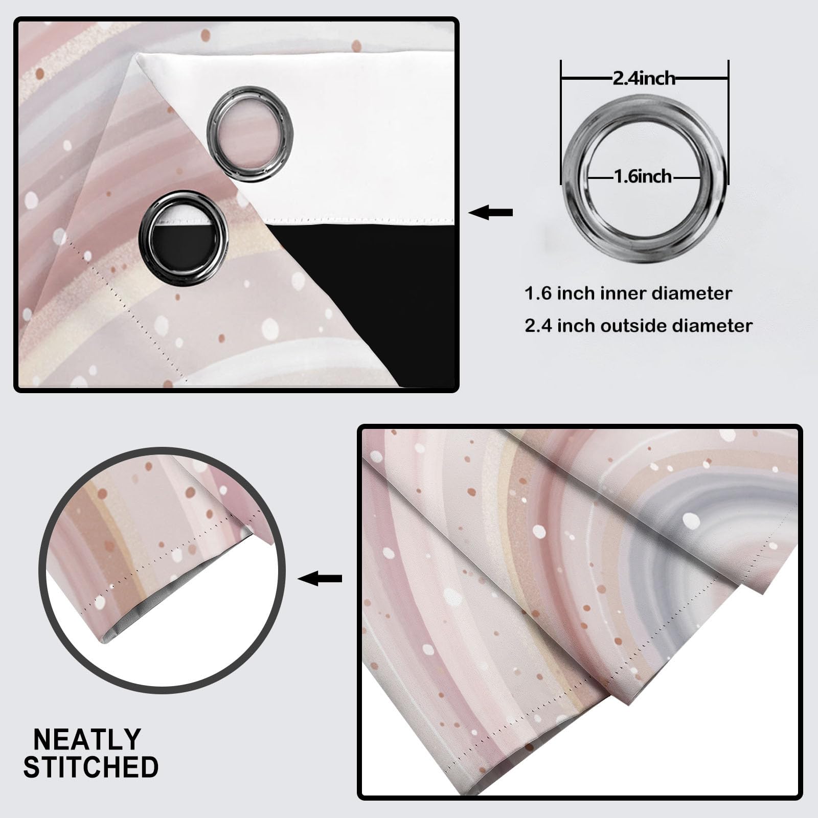 Rideau Occultant Ligne Arc-en-Ciel Mignonne Poudre Blush Salon, Rideaux Thermiques À Oeillets, Graffiti Bohème Decoration Chambre Fenetre, Lot De 2 Draperies Intérieurs 140X175 Cm (L X H)