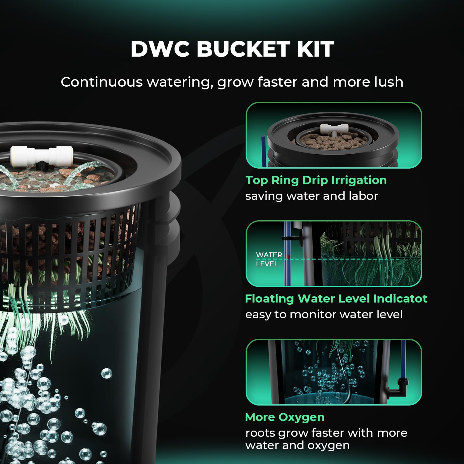 MARS HYDRO DWC Hydrokultur Anbausystem 5 Gallonen Tiefwasserkultur mit 11W Luftpumpe, Mehrzweck-Luftschlauch, Luftstein, 4 Eimern und Topf-Tropfkit