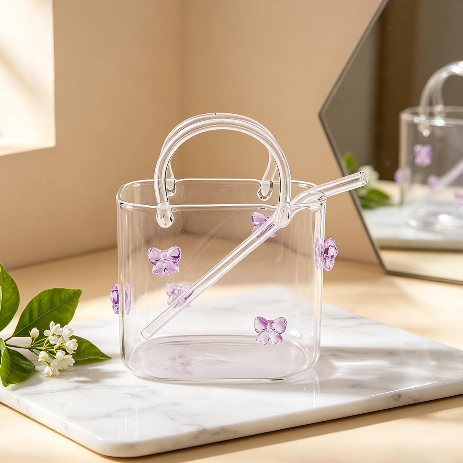 Glass Purse for Drinks with Straw, Purse Drinking Glass, Handbag Shaped Cocktail Glass Cup, 770ml Unique Wine Glass Vase for Juice, Flowers