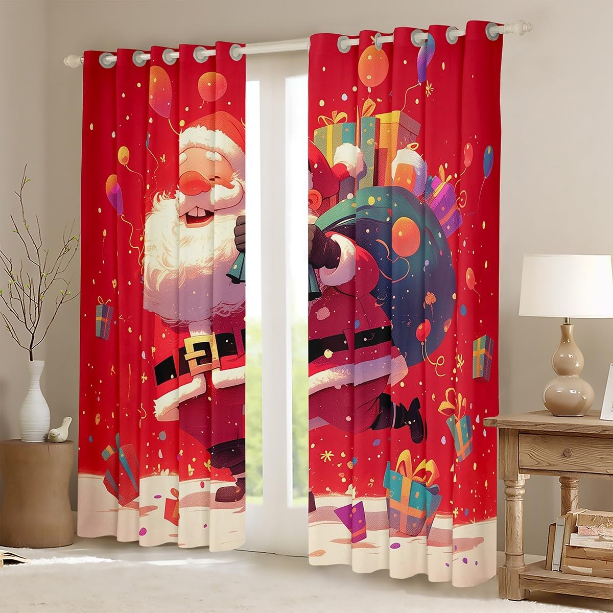 Santa Claus Curtains,Balloon Merry Christmas Window Curtain Kids Girls Teens Adults Home Room Decor,Happy New Year Window Treatment Curtain,Xmas Theme Red Cartoon Window Drapes,2 Panels,52Wx90L