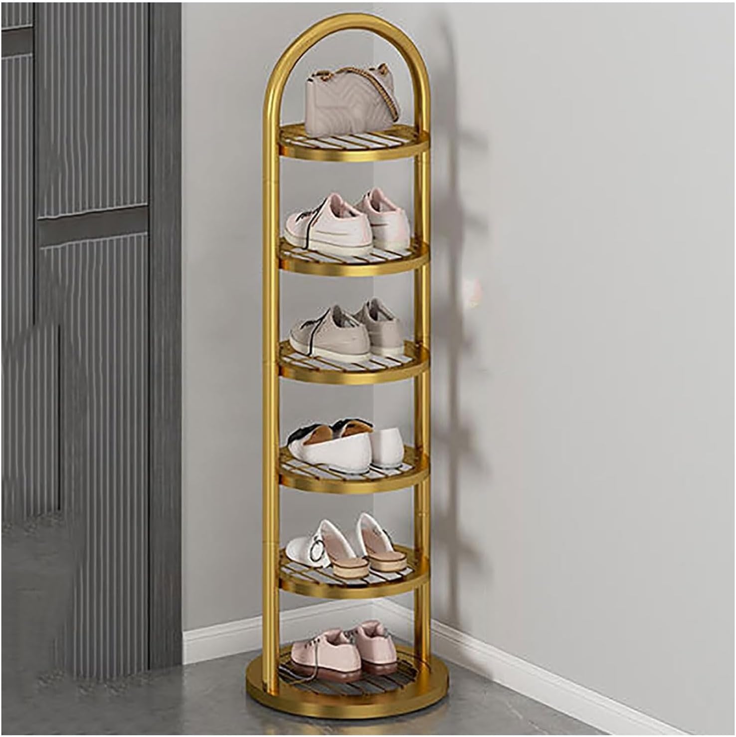 TISTIK Narrow Tall Shoe Rack for Entryway Vertical Metal Shoe Shelf Storage Organizer Space Saving Corner Shoe Tower for Closet Entryway Bedroom, 6-Layer, Gold