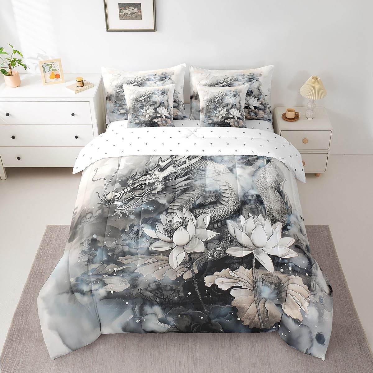 7 Pcs Twin Size Dragon Comforter Set,Roses Flowers Botanical Leaves Bedding Set for Boys Men,Western Dragon Wildlife Animals (Comforter+Fitted+Flat Sheet+2 Pillowcases+2 Throw Pillow Covers)