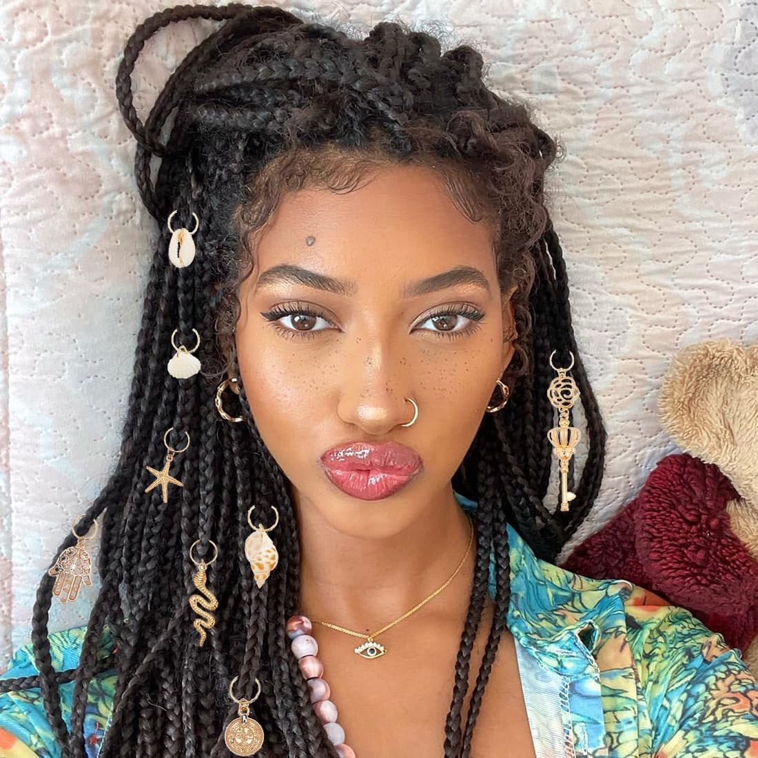 PLIGREAT 24 Pcs Dreadlock Decor Braids Hair Jewelry Set Seashell Conch Dreadlock Rings Charms DIY Locs Hair Accessories Vintage Hair Clips Pendant for Women Men Hair Braids Ponytail Hair Decor image 2