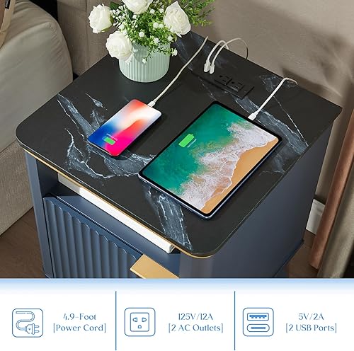 Miniatura 5 de QUW Juego de 2 mesitas de noche acanaladas con estación de carga, mesita de noche con almacenamiento abierto y gabinete, mesa auxiliar moderna de 18