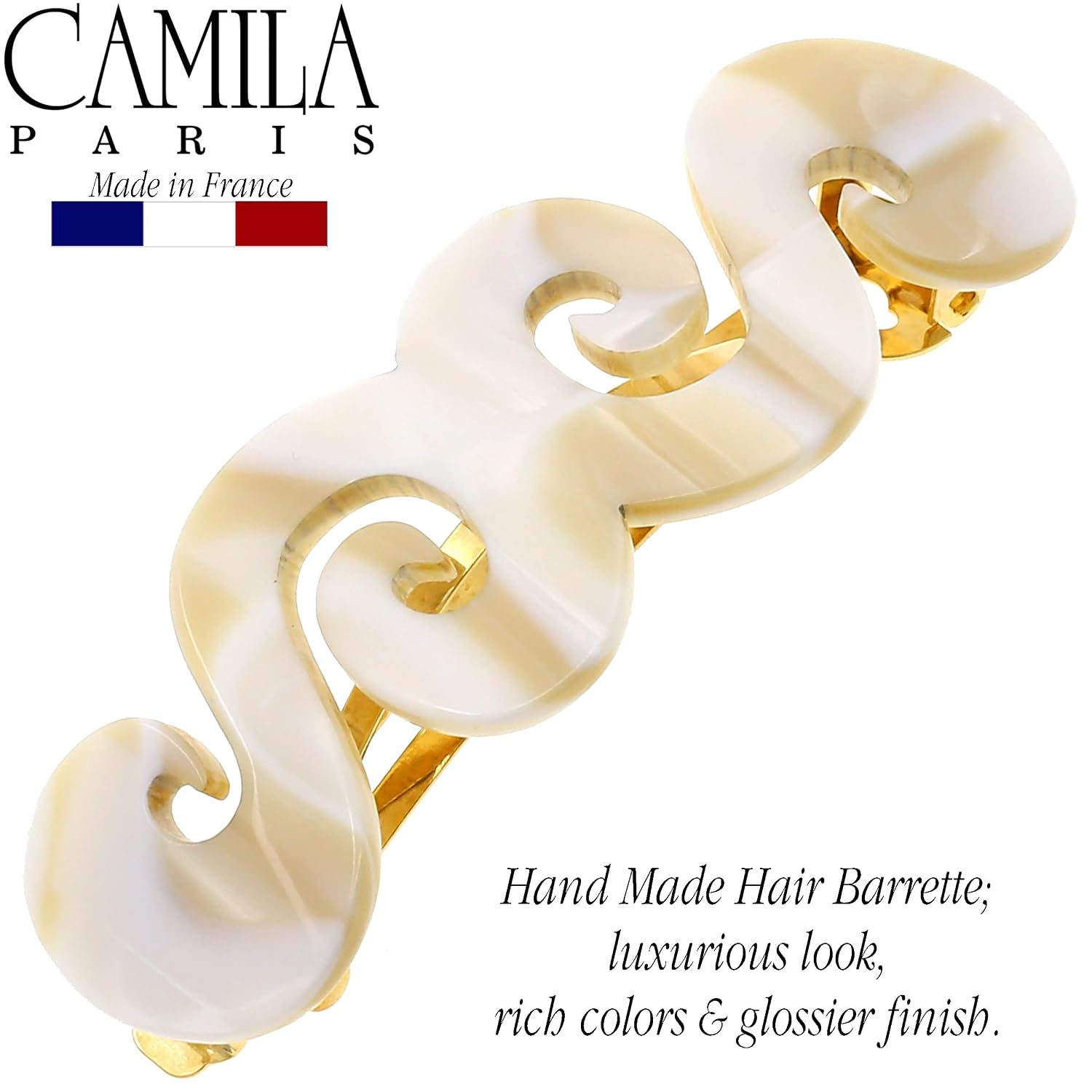 Camila Paris CP3169 French Hair Barrette Clip for Girls, Handmade, White, Gold Metal Clasp Strong Hold Grip Hair Clips for Women, No Slip and Durable Styling Girls Hair Accessories, Made in France