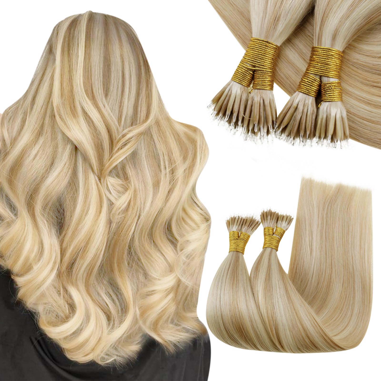 RUNATURE Nano Beads Hair Extensions Real Human Hair 16 Inch Nano Hair Extensions Highlight Honey Blonde Invisible Nano Ring Cold Fusion Hair 50s 50g #18/613