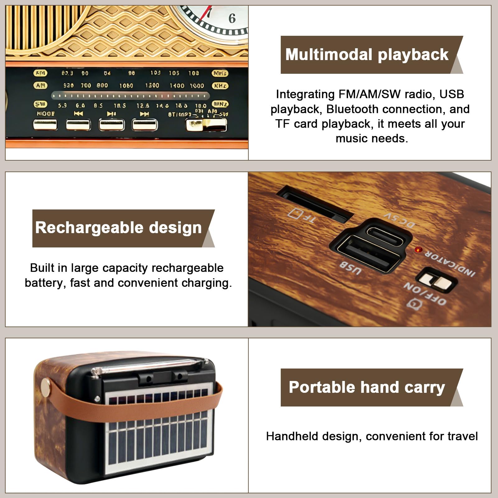 Solar Retro Radio AM/FM/SW, Retro Radio Mit Bluetooth, Vintage Kofferradio Mit Stromkabel, Wiederaufladbare Batterien, Mit Uhrfunktion, Mit USB/TF/AUX Funktion, Für Büro Küche Wandern Camping