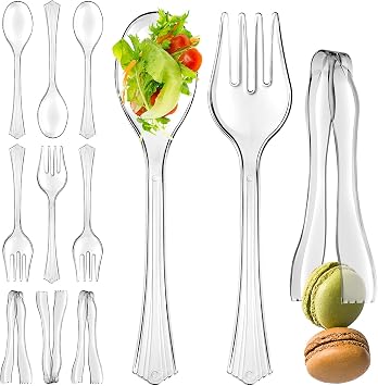 Clear Plastic Serving Utensils Four 10 Disposable Serving Spoons and Serving Forks, Four 6-1/2 Clear Plastic Serving Tongs, for Party, Buffet