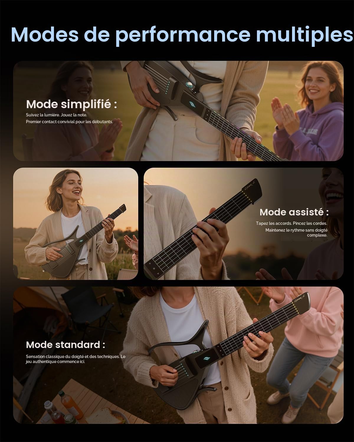 Enya CYBER-G Guitare Intelligente avec Cordes en Silicone et APP | 24 sons, haut-parleur intégré, système de batterie et accords interactifs via l'application, idéale pour débutants