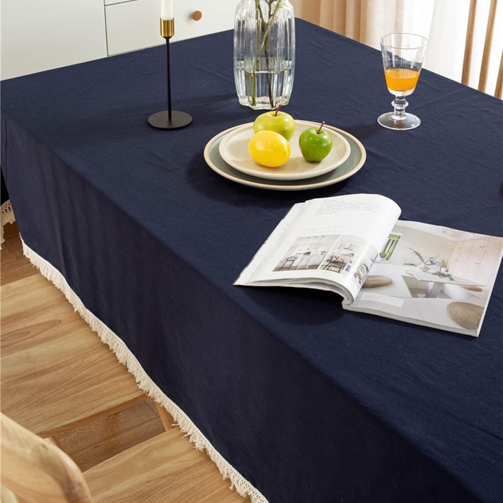 Manteles Mesa Rectángulo Cocina Color Sólido con Borlas Mantel de Algodon Azul Marino,140x200CM