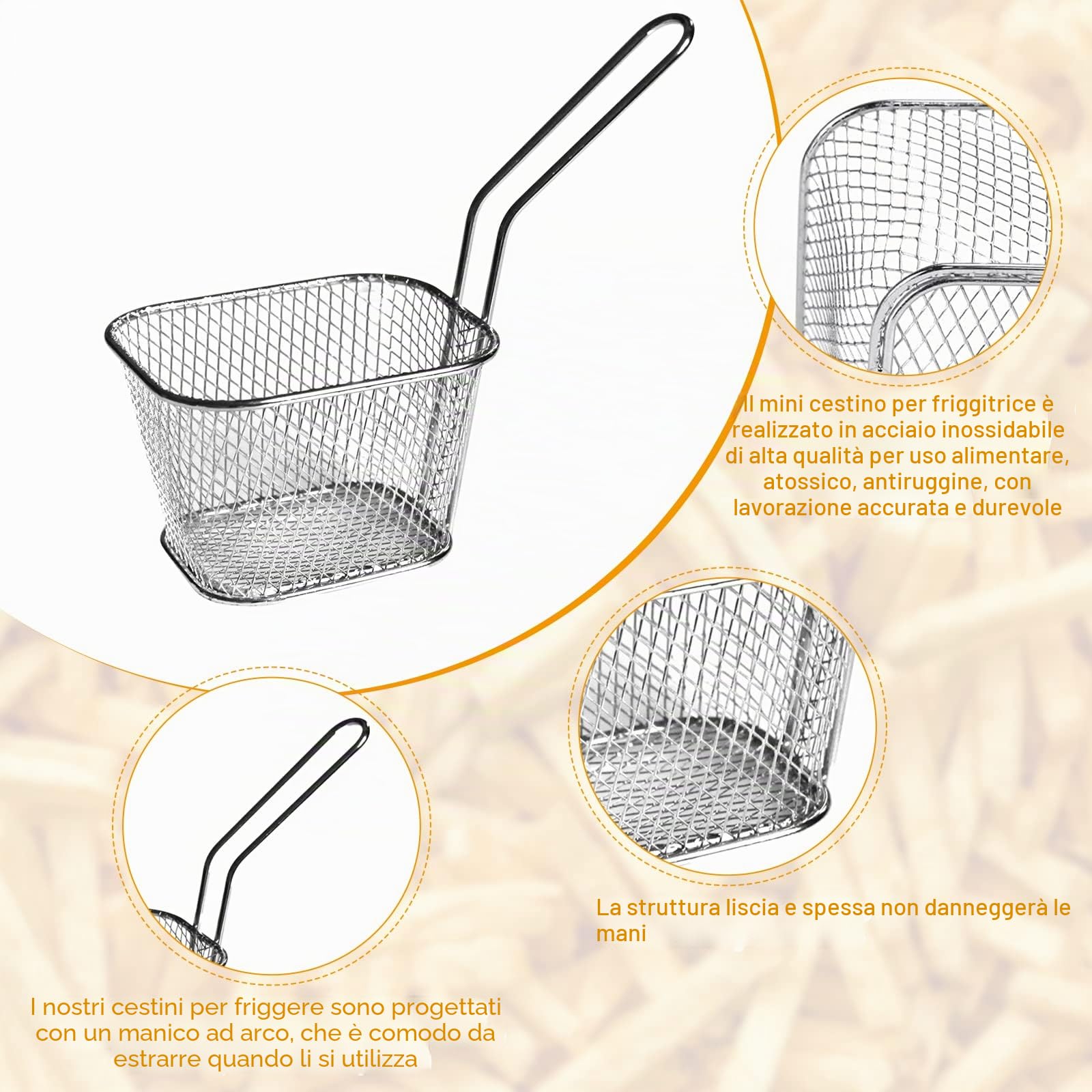 Sporgo 12 cestini per patatine fritte: piccoli cestini in acciaio inox color argento, per patatine fritte, cestini con manico, cestino per patatine fritte, anelli di cipolla, pepite di pollo (1)