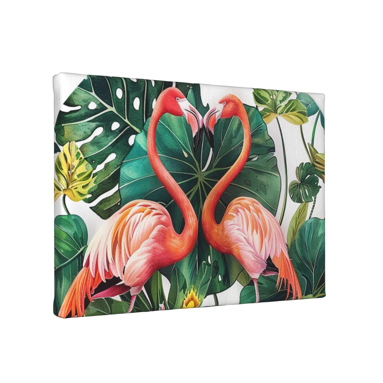 YKLJG Flamingo Bird Round Leaves Printed Wall Art Canvas Painting 30x20 CM Wooden Framed Picture Painting Artwork Prints for Bedroom Kitchen Home Office Decor
