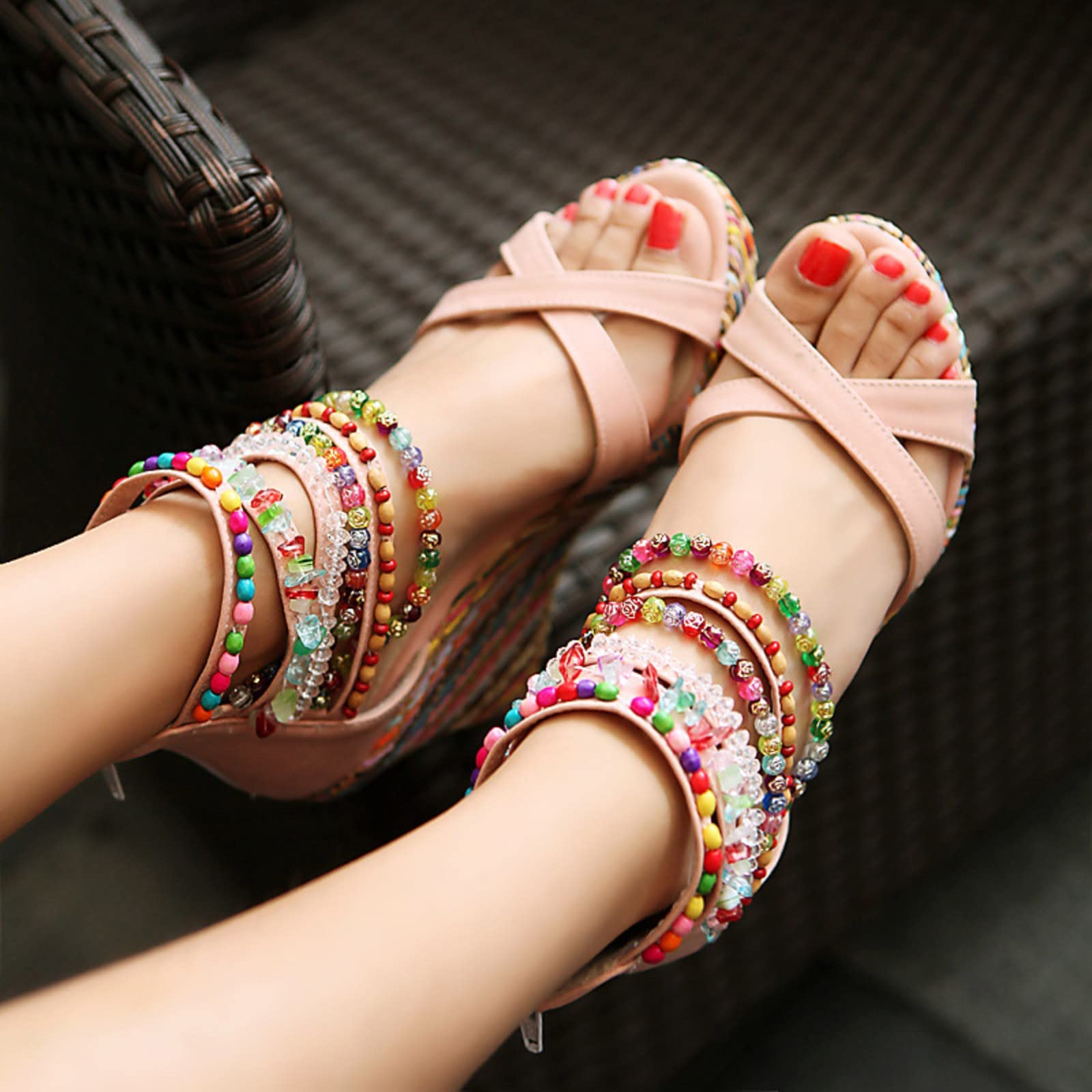 Sandalias De Verano Para Mujer, Nuevo Modelo, Zapatos Cuña Con Cuentas Estilo Bohemio Mujer Corcho Zapatillas Fascitis Plantar Vestir Comodas Calzado Ortopedico Sandalia Comodos Cuñas
