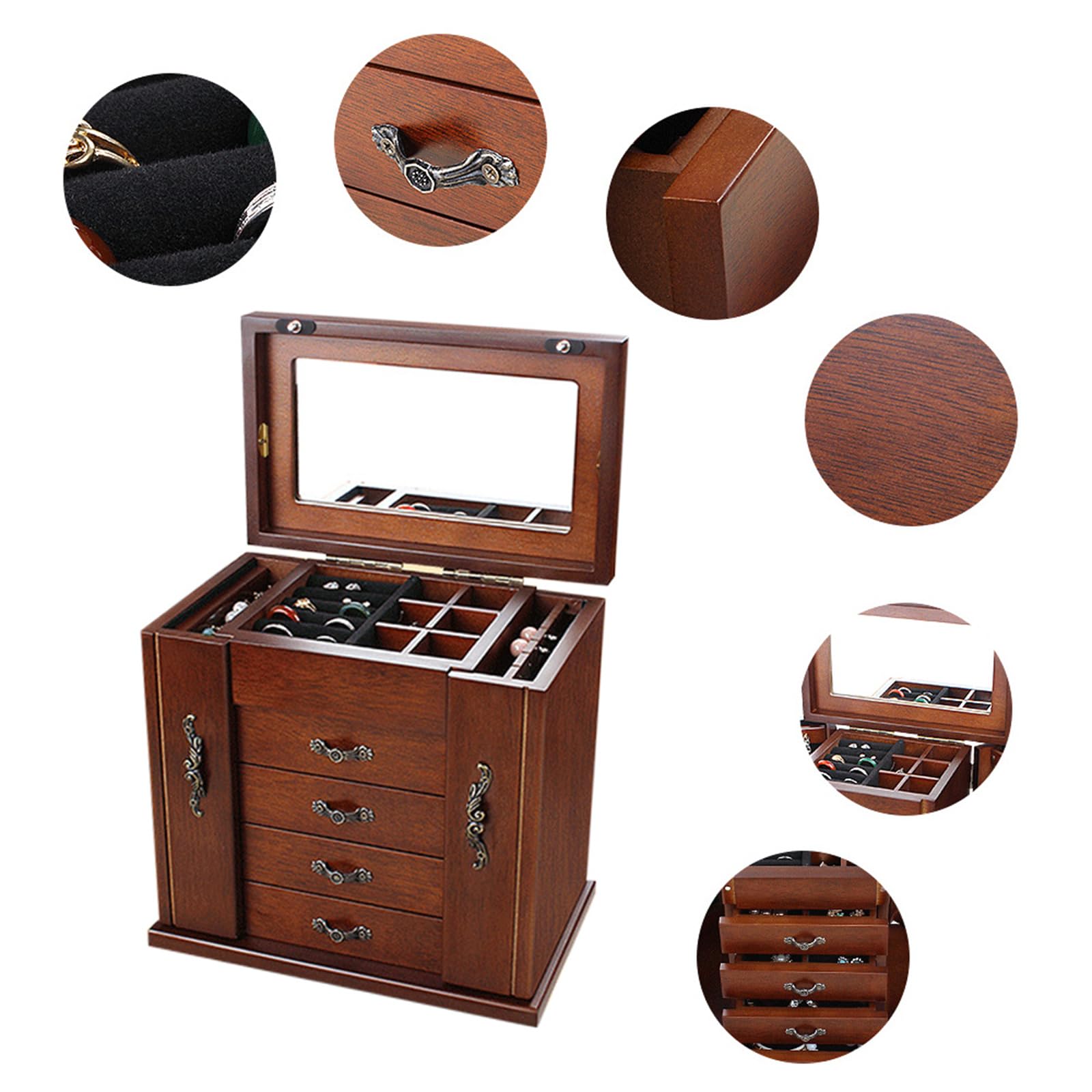 Joyero de madera, 5 niveles, grande, vintage, joyero de madera, gran capacidad, organizador para pendientes, cadenas, almacenamiento de joyas