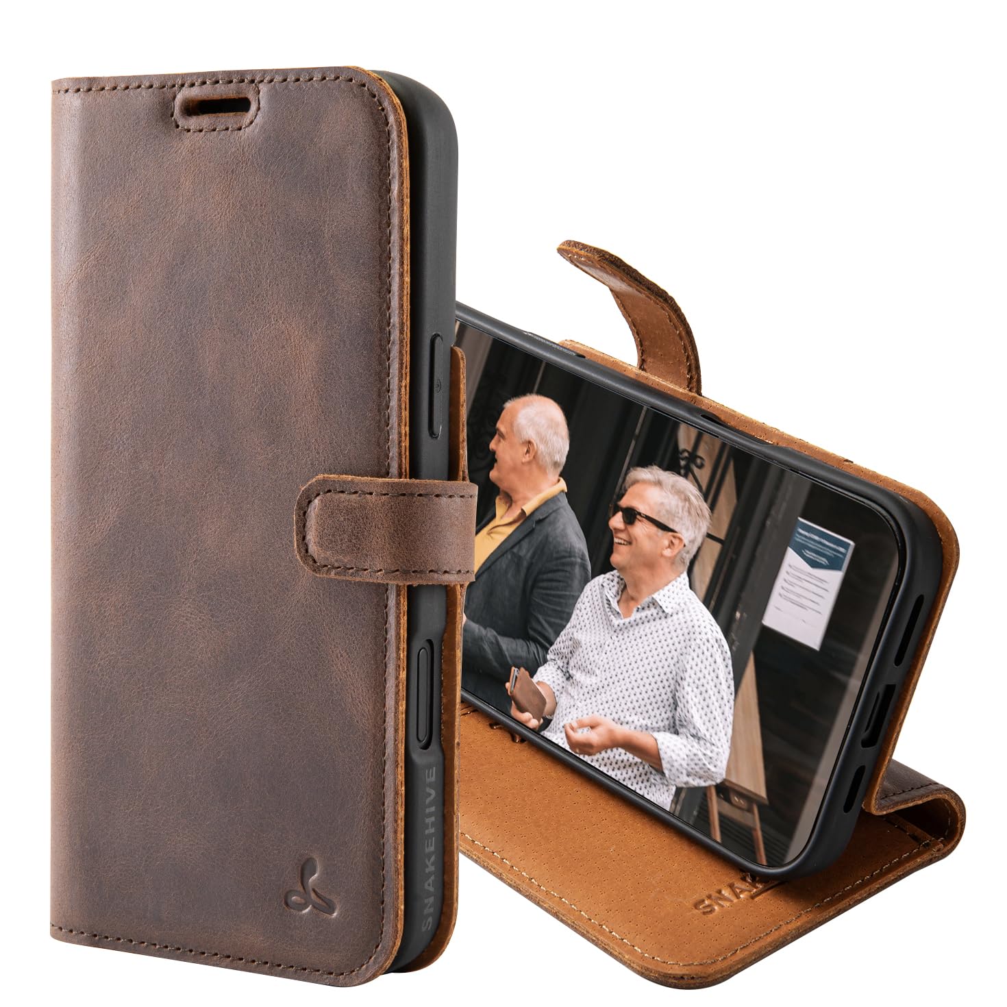 Snakehive Leather Wallet for iPhone 16 Pro Max, Real Leather Wallet Phone Case with Viewing Stand and Card Holder
