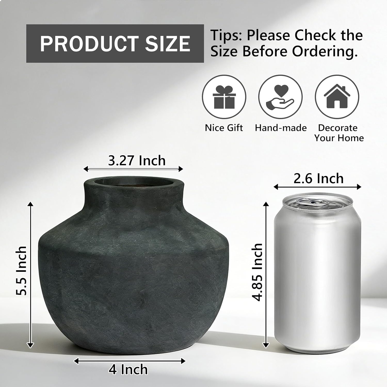 Ceramic Decorative Flower Vase, 5.5 Inch Pottery Farmhouse Boho Vase Rustic Vase for Home Decor, Table, Living Room, Bathroom, Shelf, Mantel Decoration, Wedding, Black