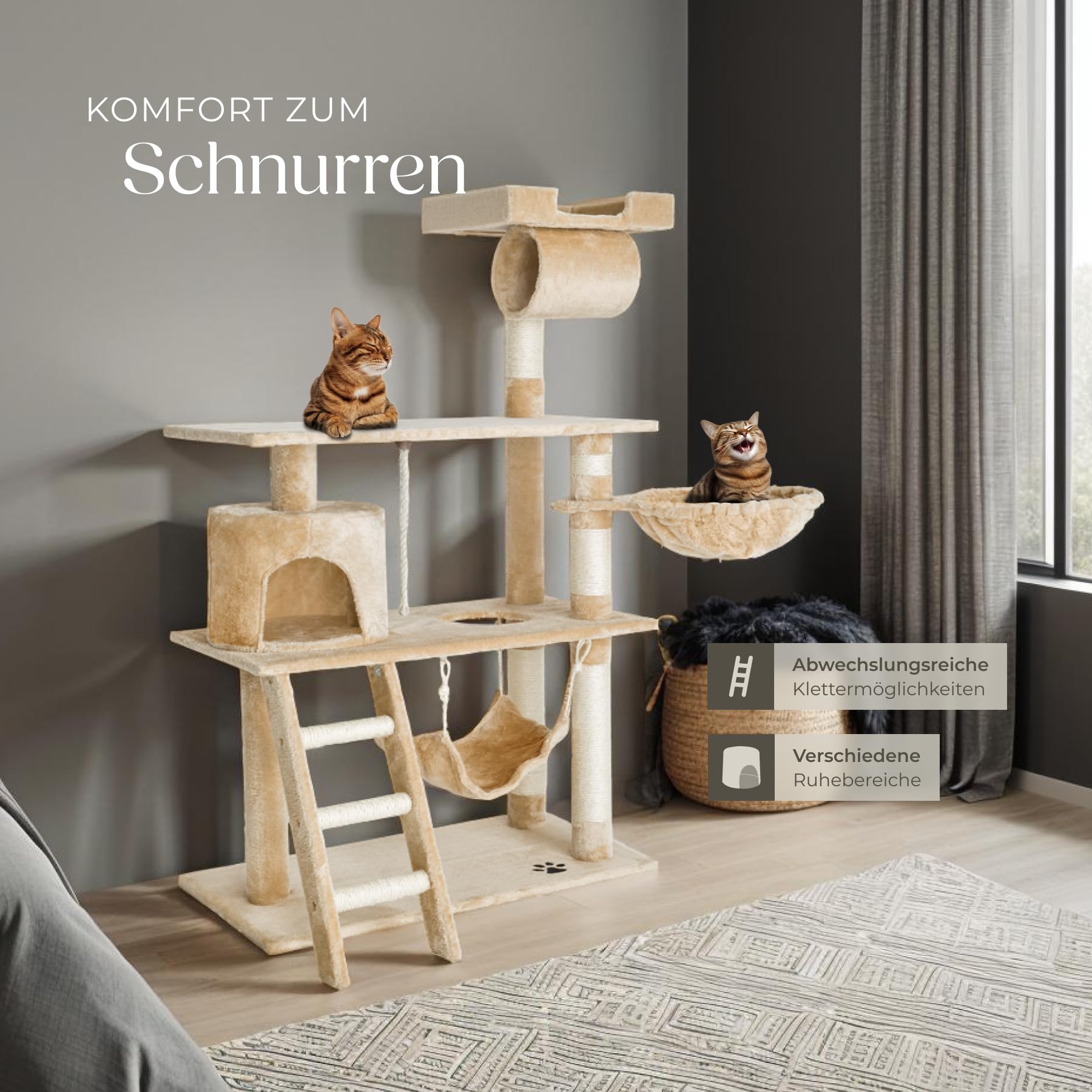 tectake Katzen Kratzbaum, Katzenbaum, Kletterbaum, 141cm hoch, Katzenhaus Indoor mit Hängematte, Höhle, Spielseil und Treppe, Plüsch Sisal, Katzen Kratzmöbel mit Spielzeug, extra breit - beige