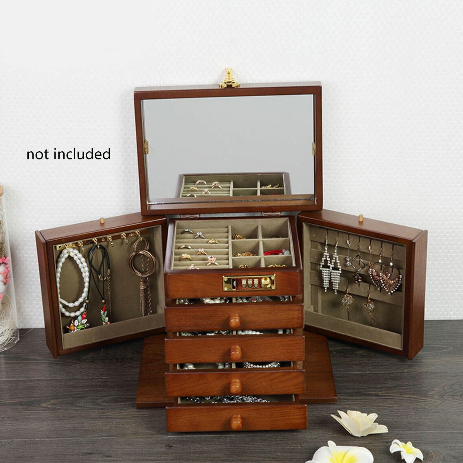 Joyero de madera con cerradura de combinación, caja de regalo grande, con niveles de piel sintética, caja de viaje con mini caja portátil para viajes, caja de joyería