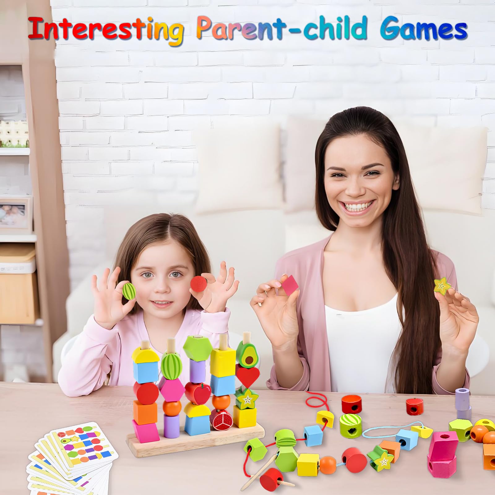 Echehi 2-in-1 Montessori Threading Toys for Toddlers Fine Motor Skills Development, Wooden Stacking Blocks, Lacing Beads - Image 4