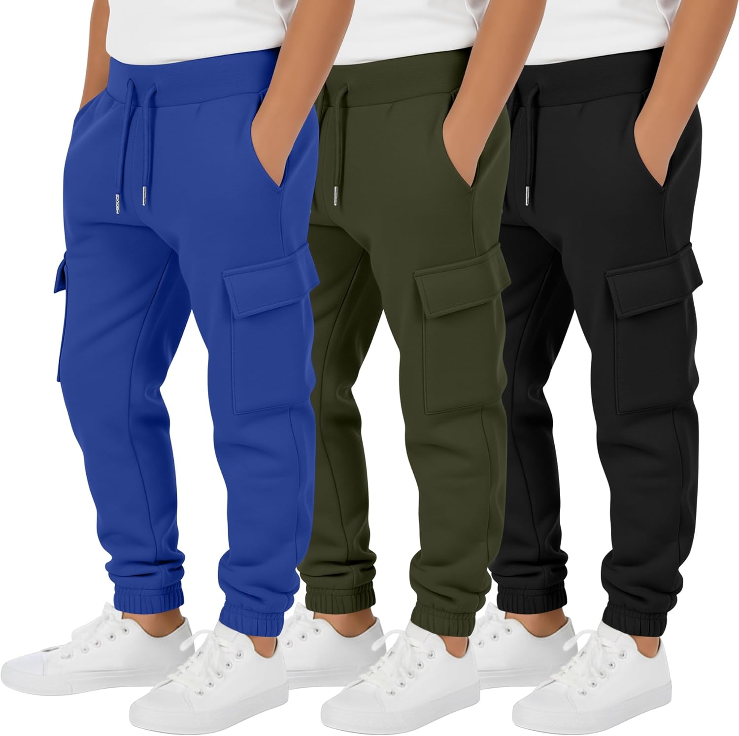 3 Pack Boy's Cargo Sweatpants Kids Teens Drawstring Running Joggers with Pockets Elastic Waistband Athletic Pants