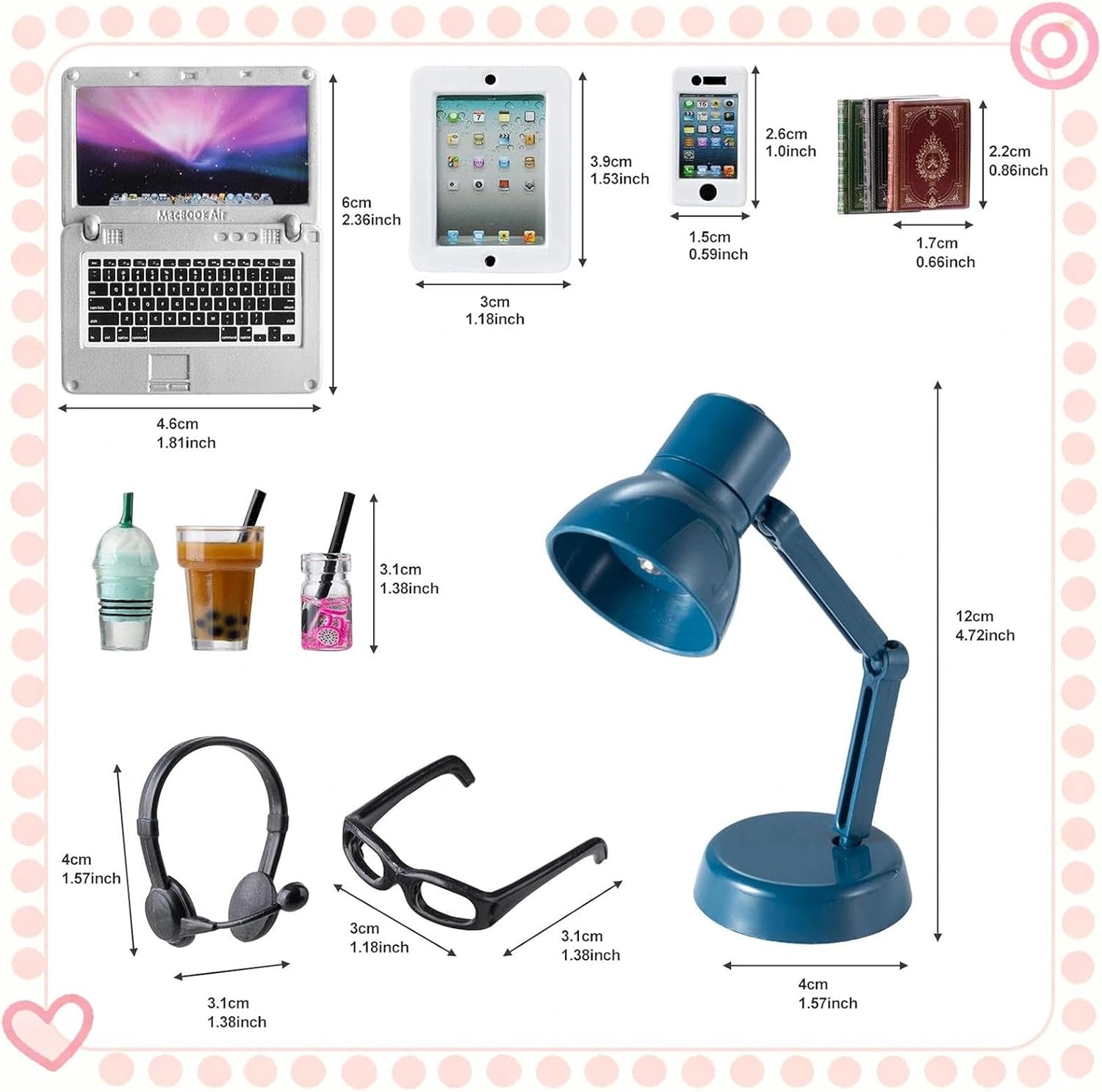 12Pcs Dollhouse Miniature Laptop Computer Tablet Phone Lamp Book Glasses Coffee Headset Simulation Accessories 1/12 1/6 Toy Pad Play Set Fits Barbie Doll Girl Mini Drink Party Office (Bule)