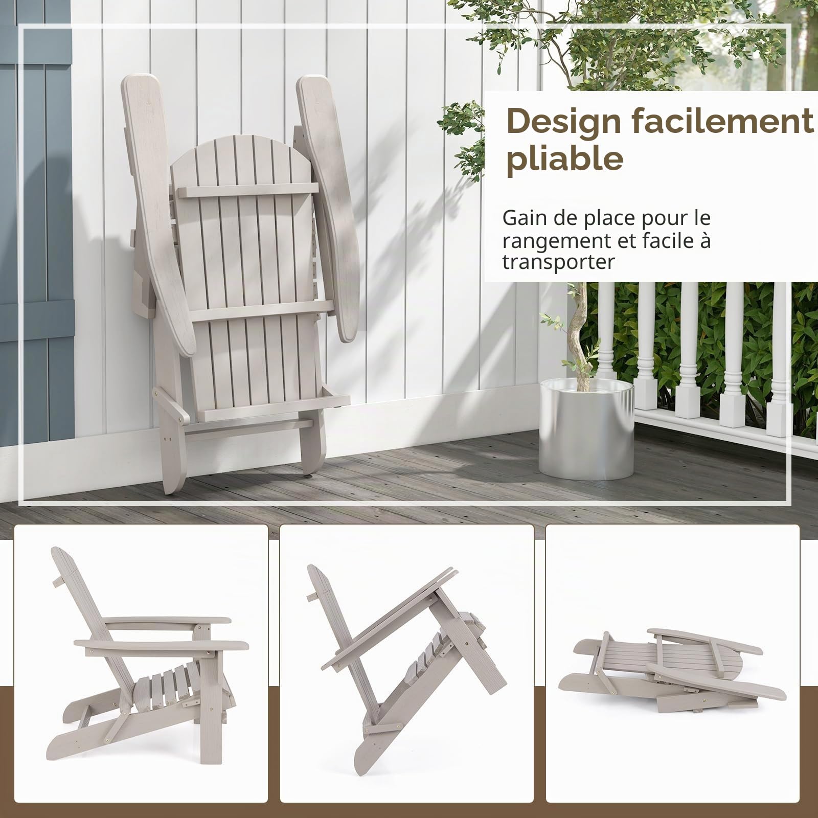 FANTASK Adirondack Lot de 2 chaises de Jardin avec Dossier Haut et accoudoirs Larges, 51 x 46 cm, Gris